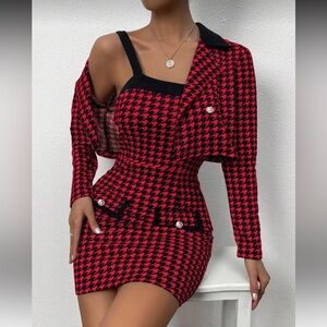 Red and Black Houndstooth Dress with Jacket